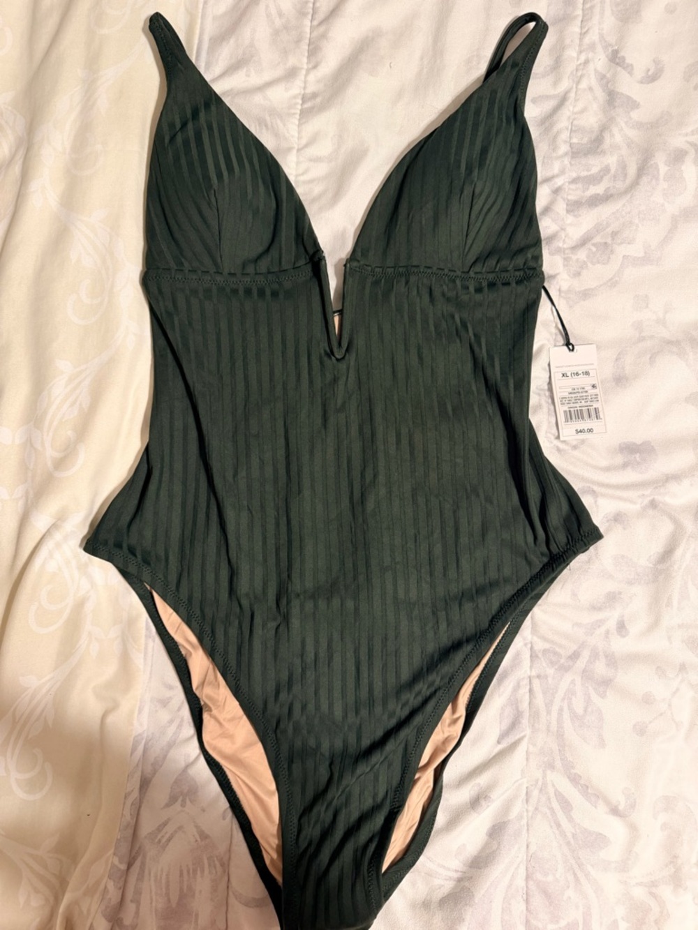 Shade & Shore Dark Green Ribbed One-Piece Swimsuit